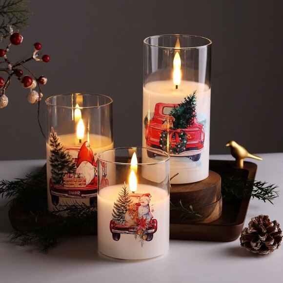 Set of 3 Flameless Christmas Glass Candles with Remote &...